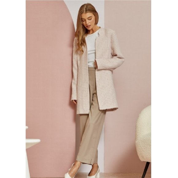 Light Pink / Blush Plaid Tweed Jacket For Women Open Front Collarless - Picture 2 of 6